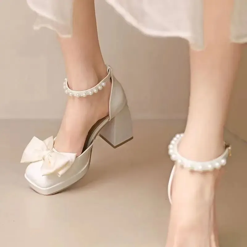 ADVBRIDGE  French Elegant Bow Thick Heeled High Heels Women's Sandals New Fairy Style Mary Jane Shoes Brand Designer Shoes