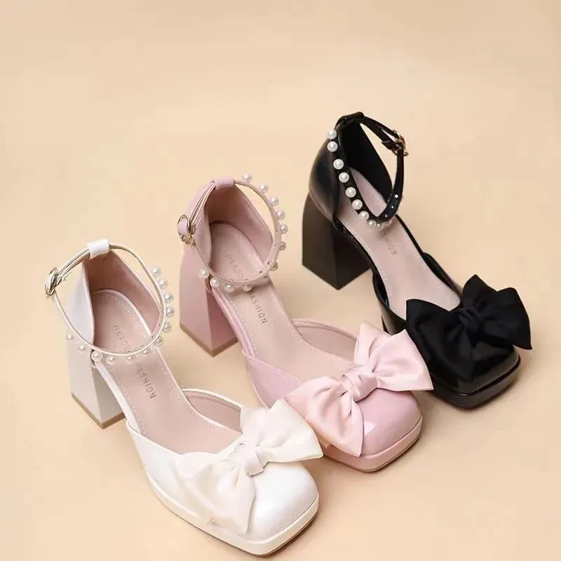 ADVBRIDGE  French Elegant Bow Thick Heeled High Heels Women's Sandals New Fairy Style Mary Jane Shoes Brand Designer Shoes