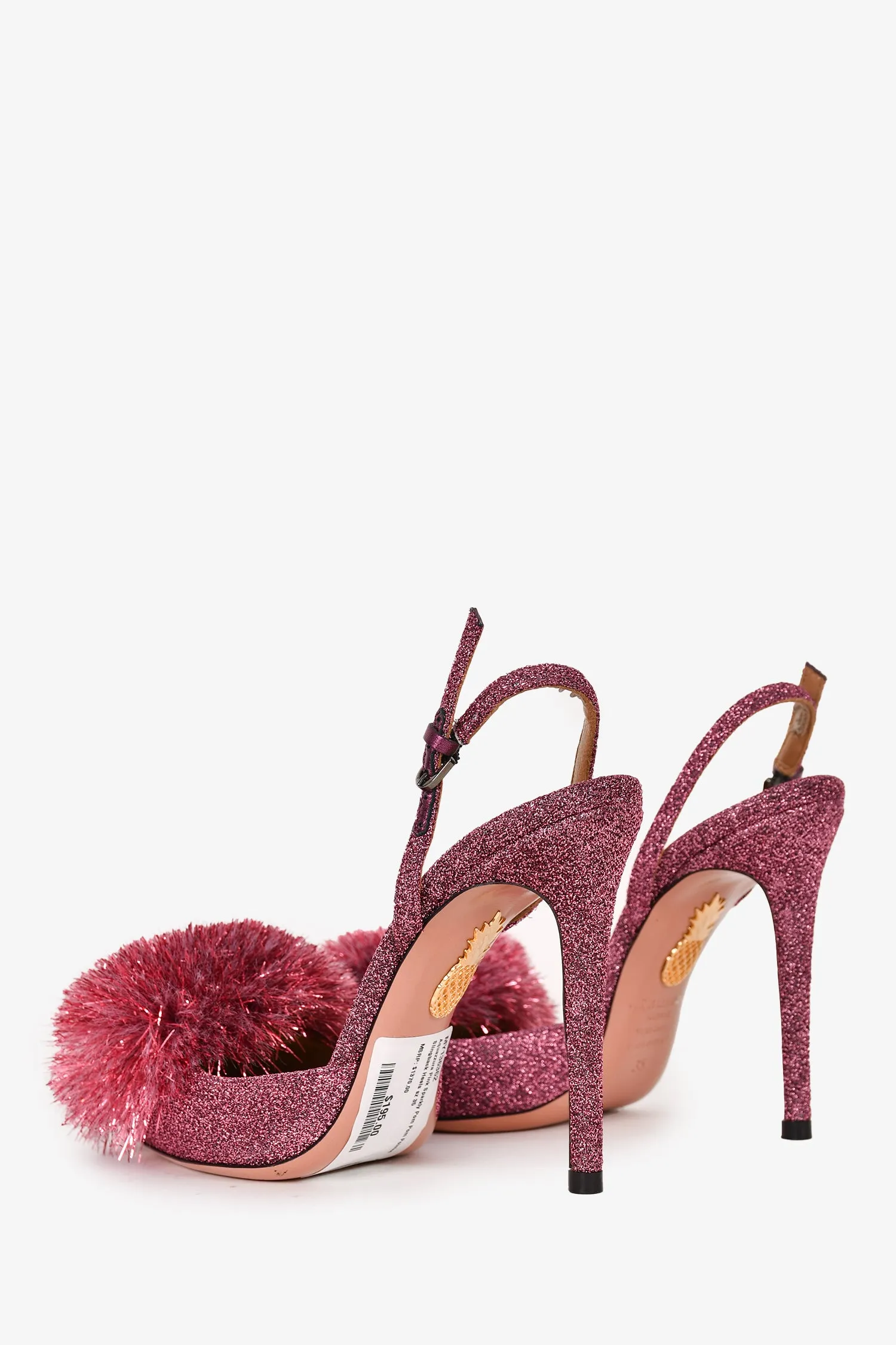 Aquazzura Pink Sparkly Pom Pom Pointed Slingback Heels Size 35