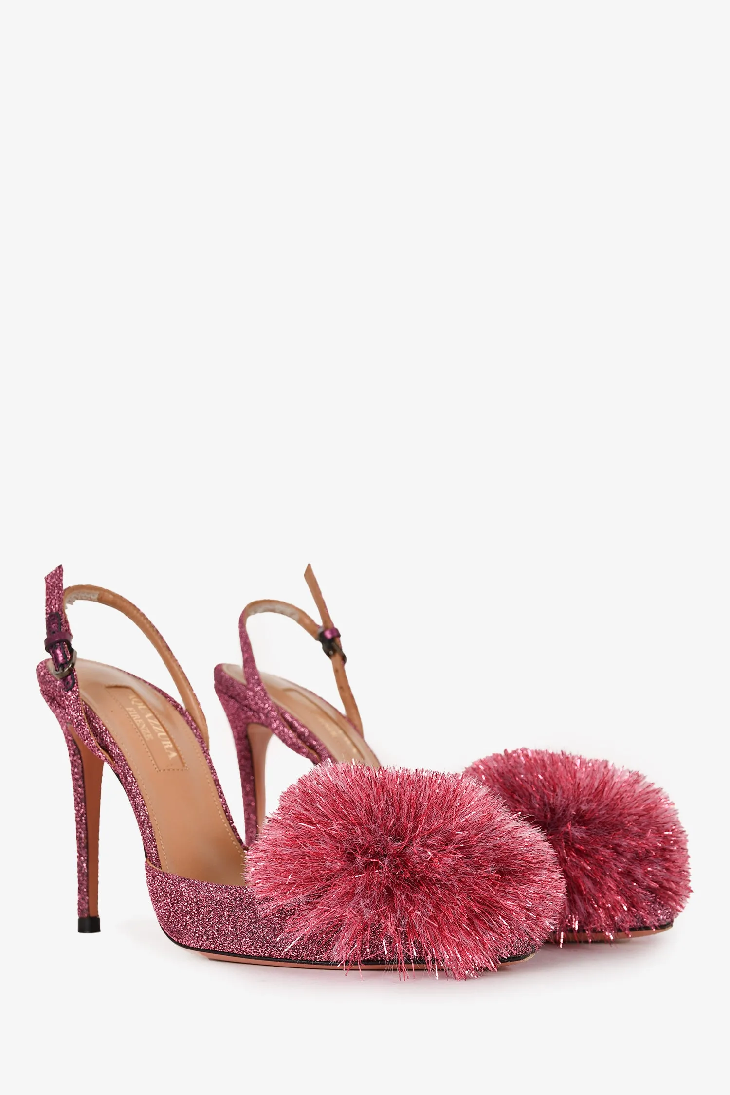 Aquazzura Pink Sparkly Pom Pom Pointed Slingback Heels Size 35