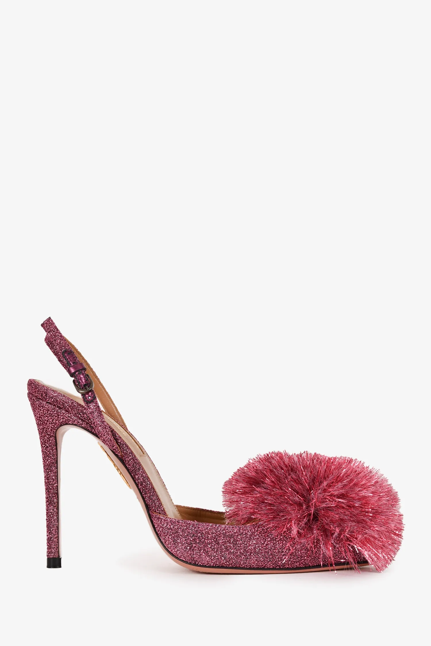 Aquazzura Pink Sparkly Pom Pom Pointed Slingback Heels Size 35