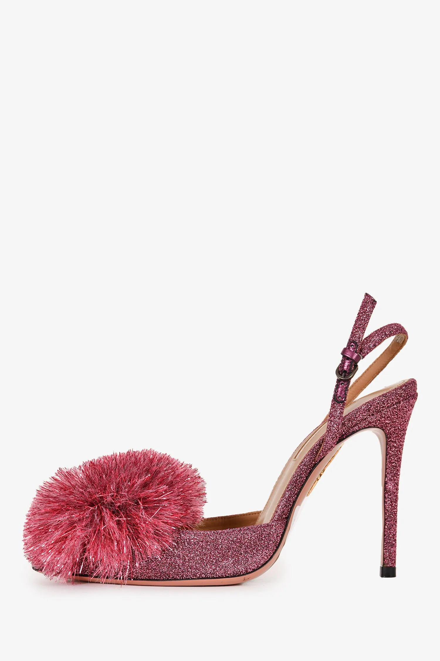 Aquazzura Pink Sparkly Pom Pom Pointed Slingback Heels Size 35