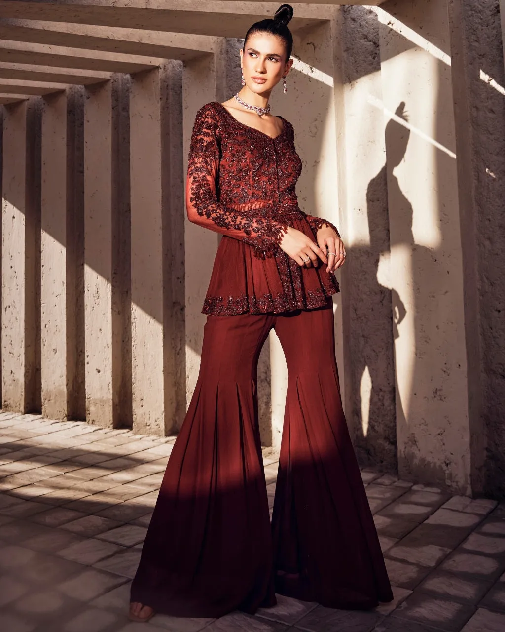 Burgundy Embroidered Peplum And Gharara Set