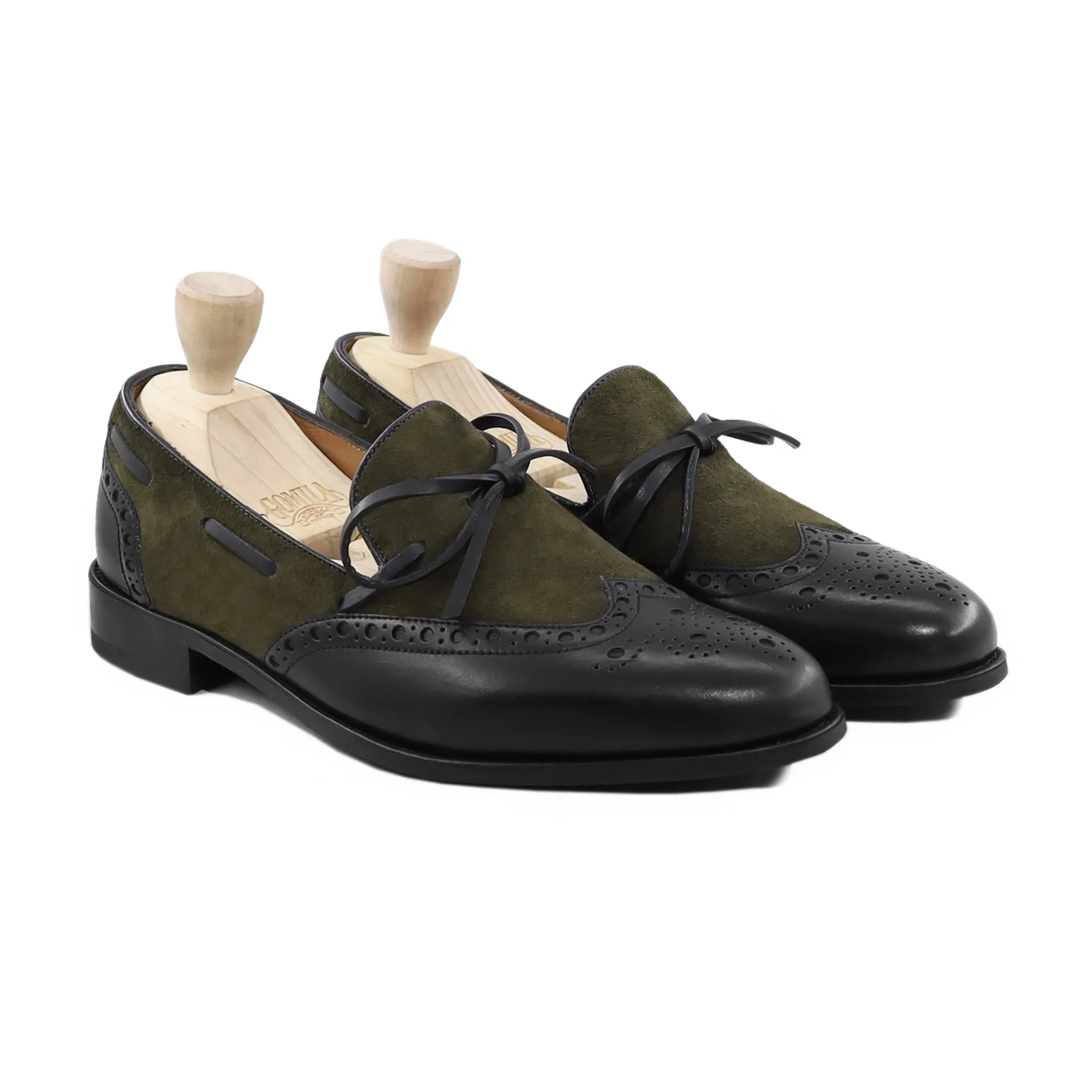 Clotar - Men's Black Calf Leather and Olive Green Kid Suede Loafer