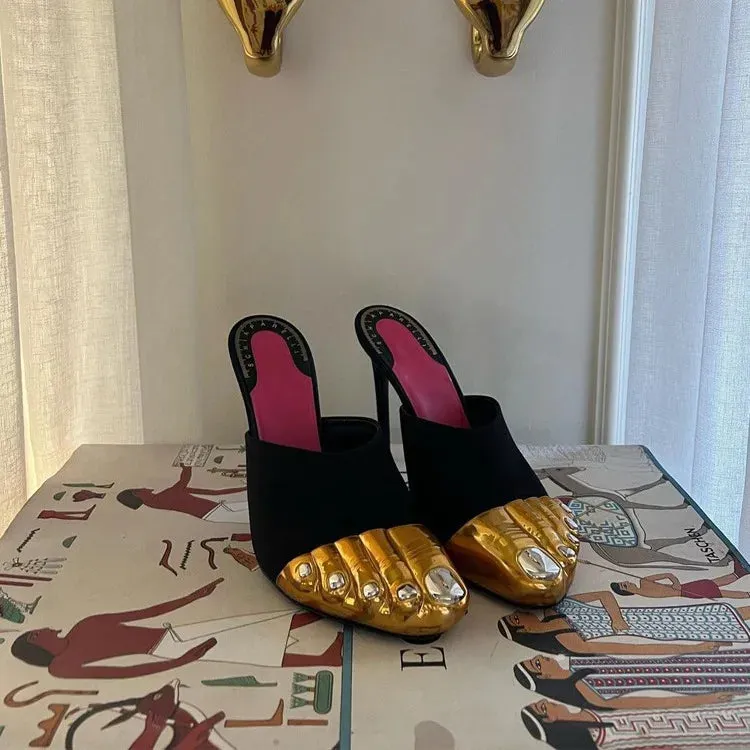 Golden Toe Spliced High-Heel Mules