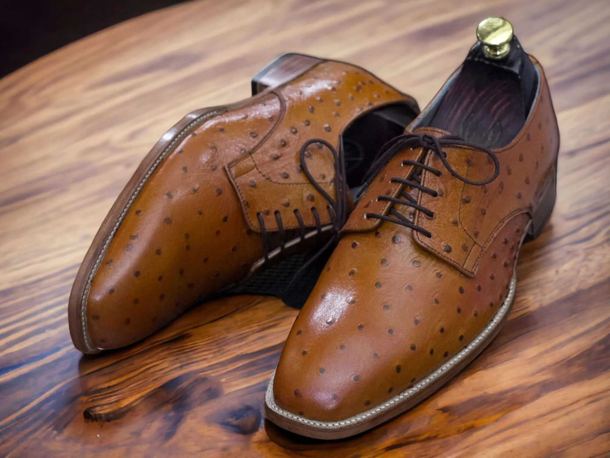 Handmade Brown Ostrich Leather Lace Up Shoes, Dress Shoes, Men's Business Shoes