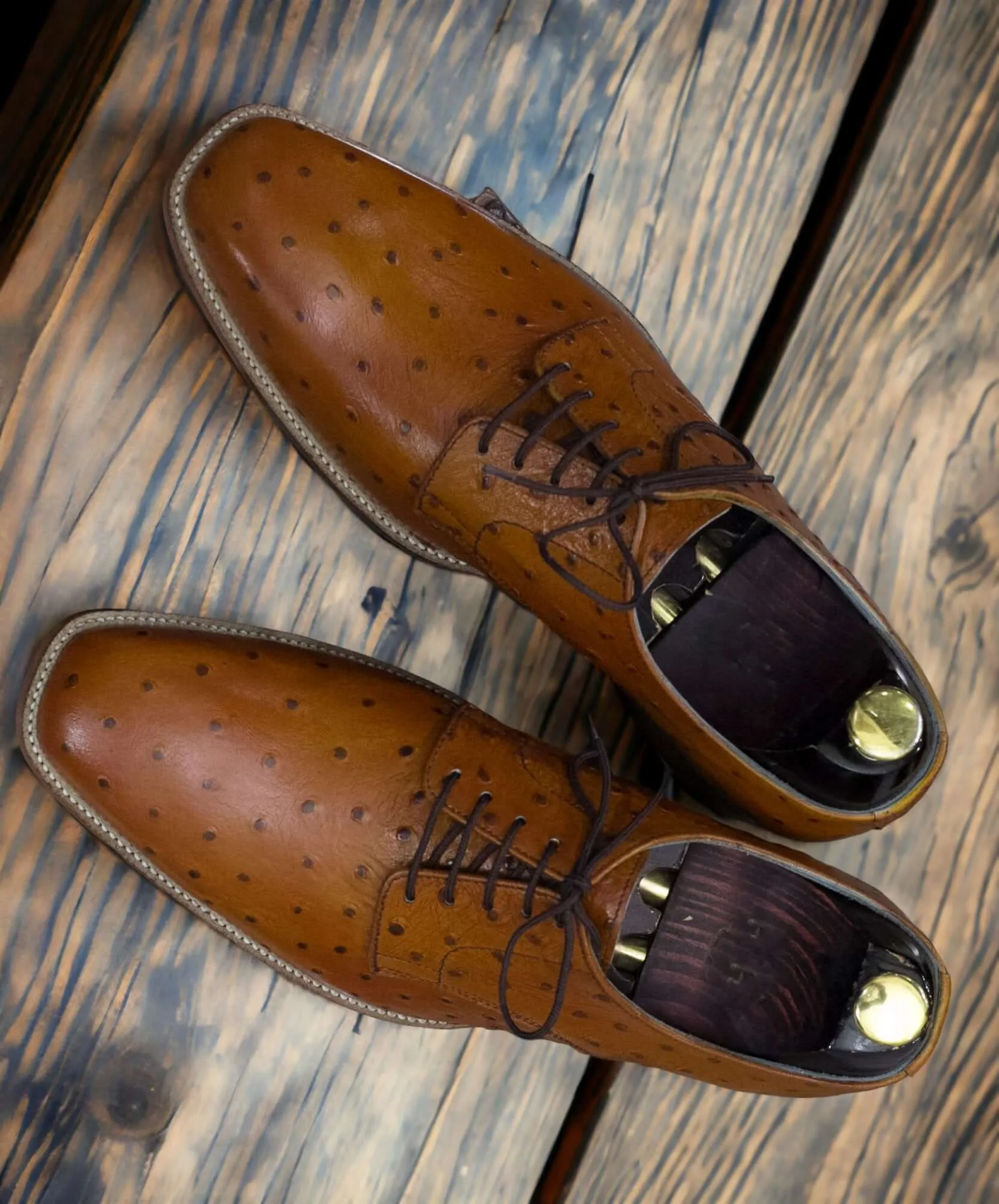 Handmade Brown Ostrich Leather Lace Up Shoes, Dress Shoes, Men's Business Shoes