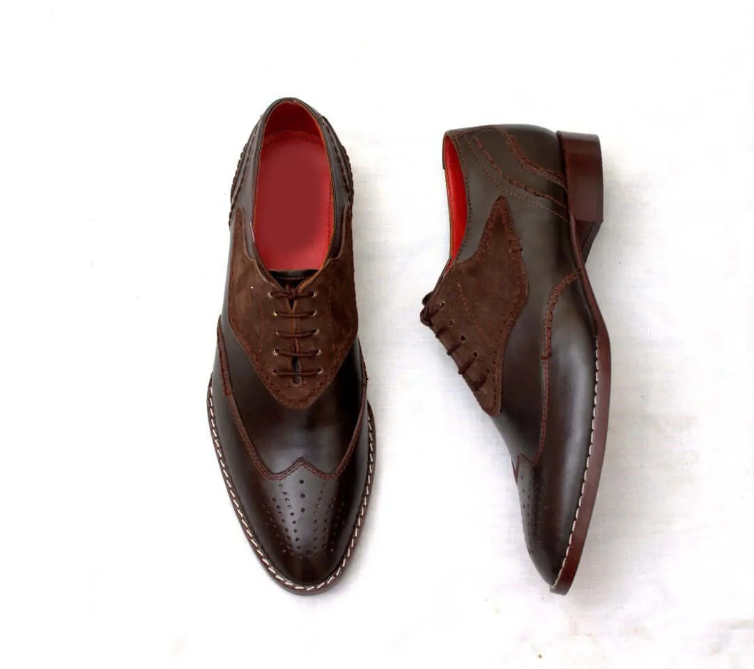 Handmade Men's Casual Shoes, Men's Brown Color Leather & Suede Wing Tip Lace Up Casual Shoes.