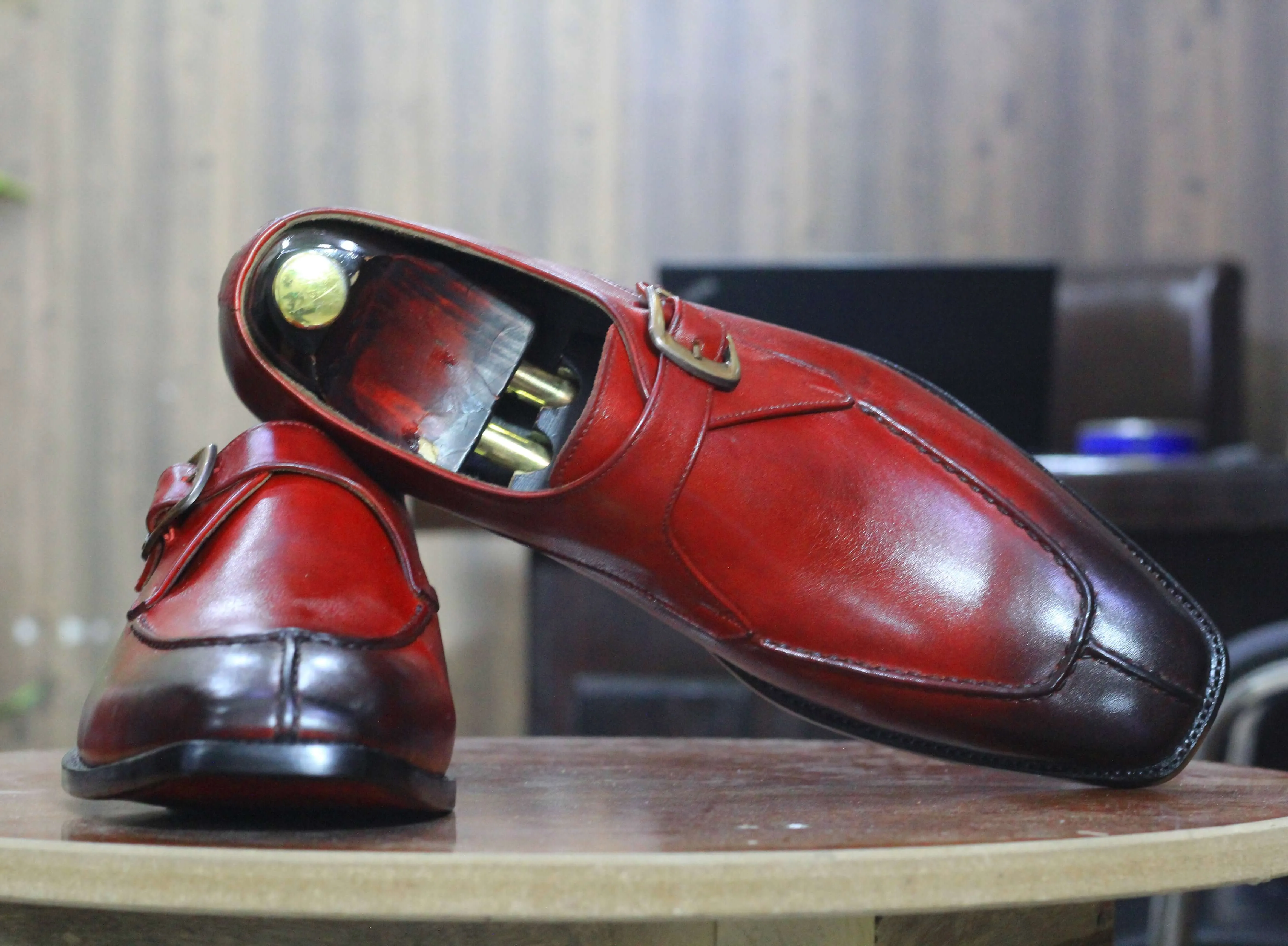 Handmade New Classic  Burgundy Leather Split Toe Shoes, Men's Stylish Buckle Style Shoes