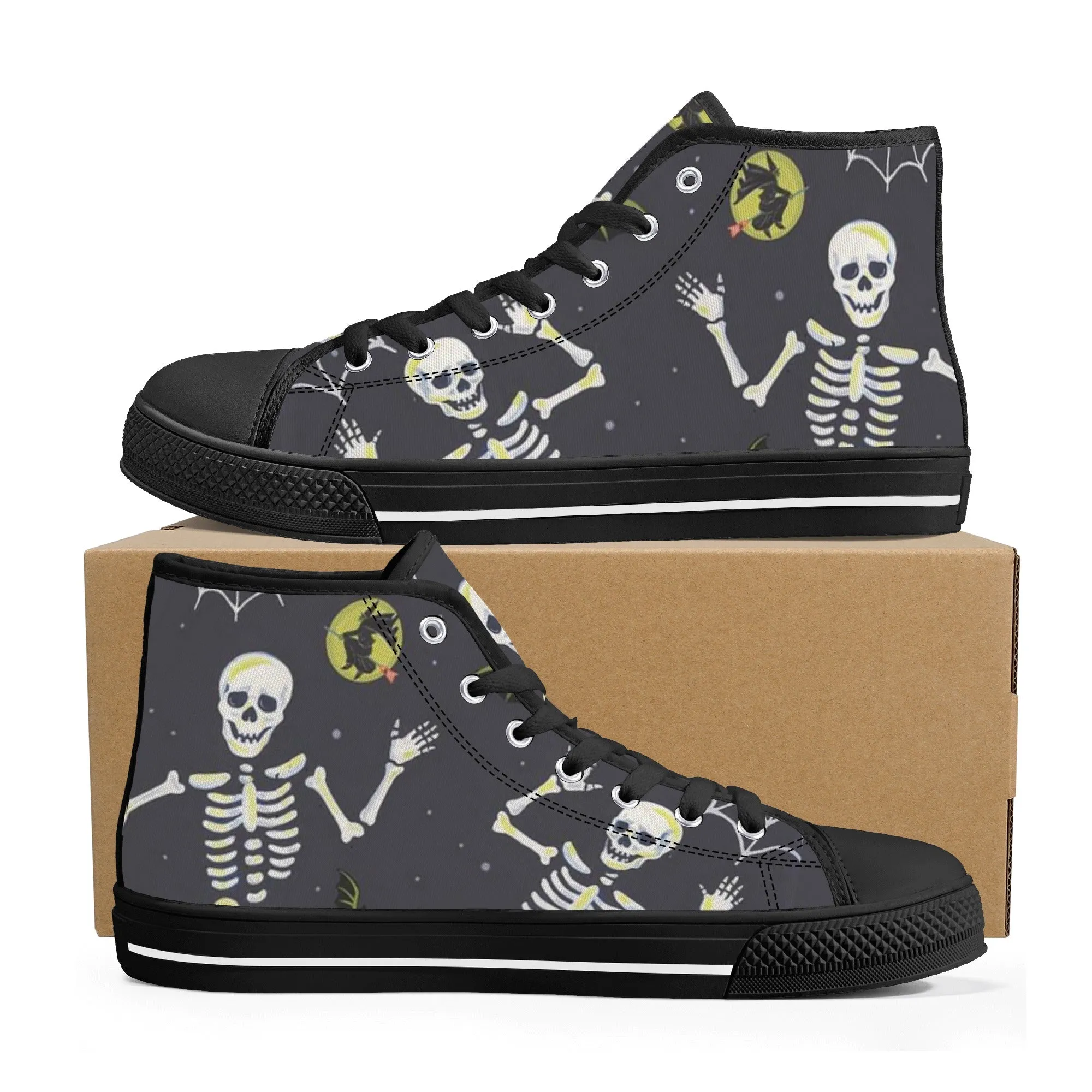 High Top Canvas Sneakers | Printed Tongue | Halloween themed Goth shoes | Spooky season | Dancing Skeletons