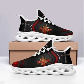 Jesus Saved My Life Running Sneakers Black Red Max Soul Shoes - Christian Shoes For Men And Women