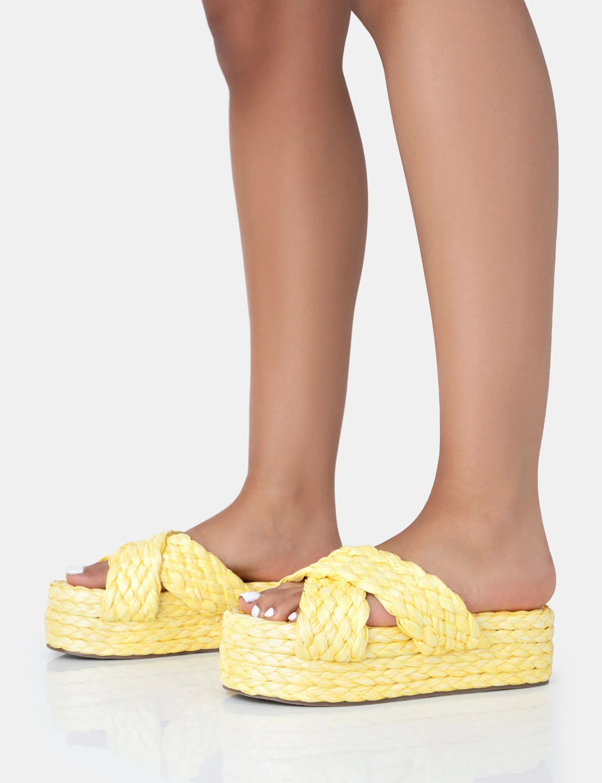 Kos Yellow Raffia Cross Over Strap Slip On Flatform Sandals