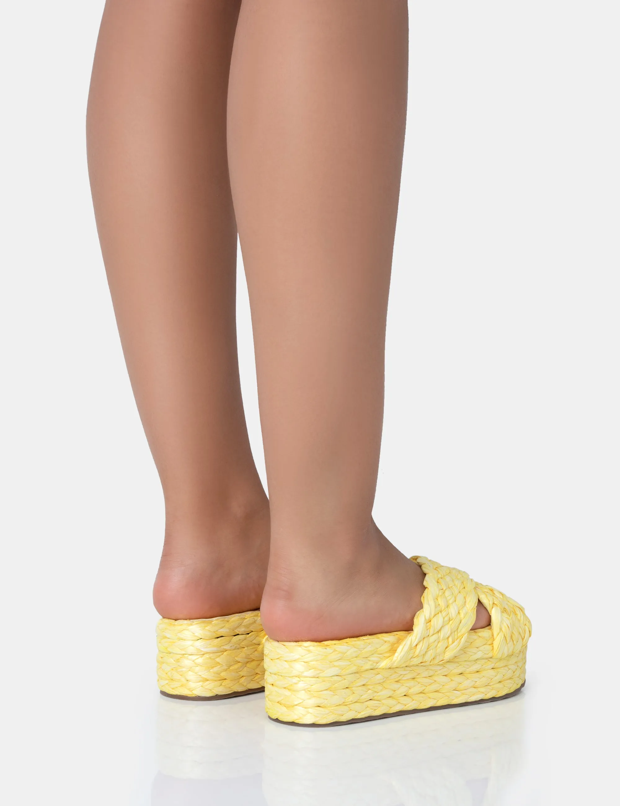 Kos Yellow Raffia Cross Over Strap Slip On Flatform Sandals