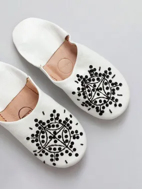 Moroccan Babouche Sequin Slippers, White and Black