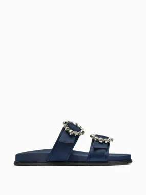 Navy flat slider sandals with rhinestone buckles