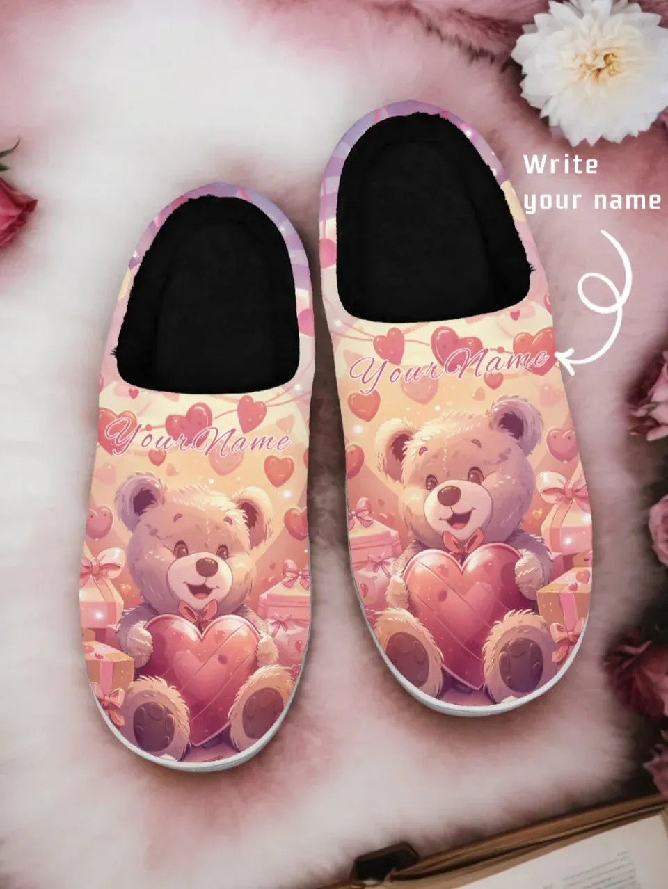 Personalized Warm Love Fur Slippers, Custom Couple’s Indoor Shoes for Valentine's Day