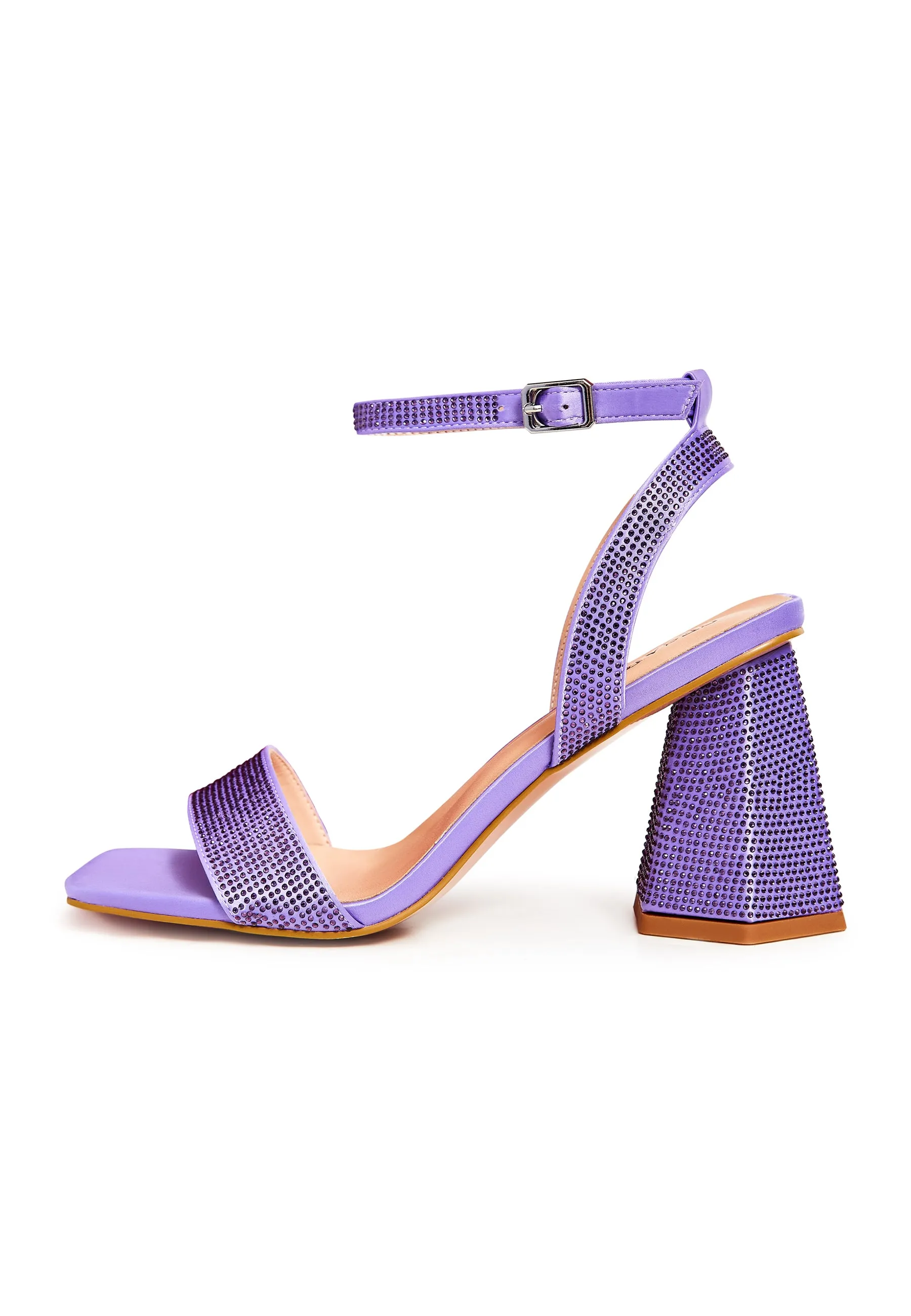 Strappy Block Heel Sandals with Rhinestones - Lilac