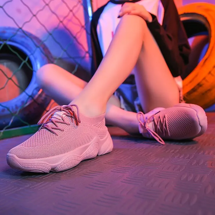 Thick-soled white shoes female flying woven old shoes sports shoes women